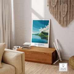 Isle of Mull Scotland Tranquil Bay Wall Art - Scottish Isle Travel Print displayed in a cozy living room setting.