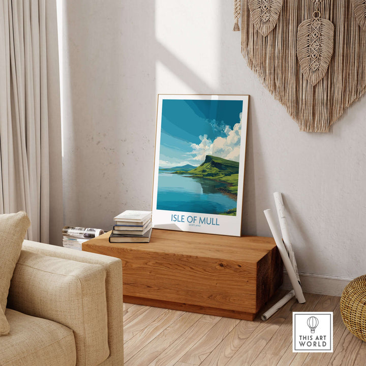 Isle of Mull wall art print displayed in a cozy living room setting, showcasing a serene coastal landscape.