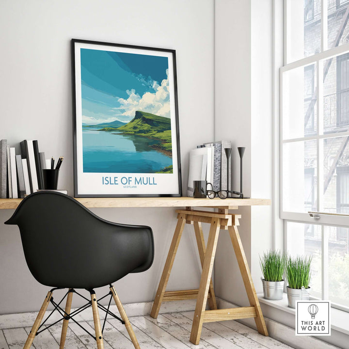 Isle of Mull wall art displayed on a desk in a modern room, capturing the scenic beauty of Scotland's coastal landscape.