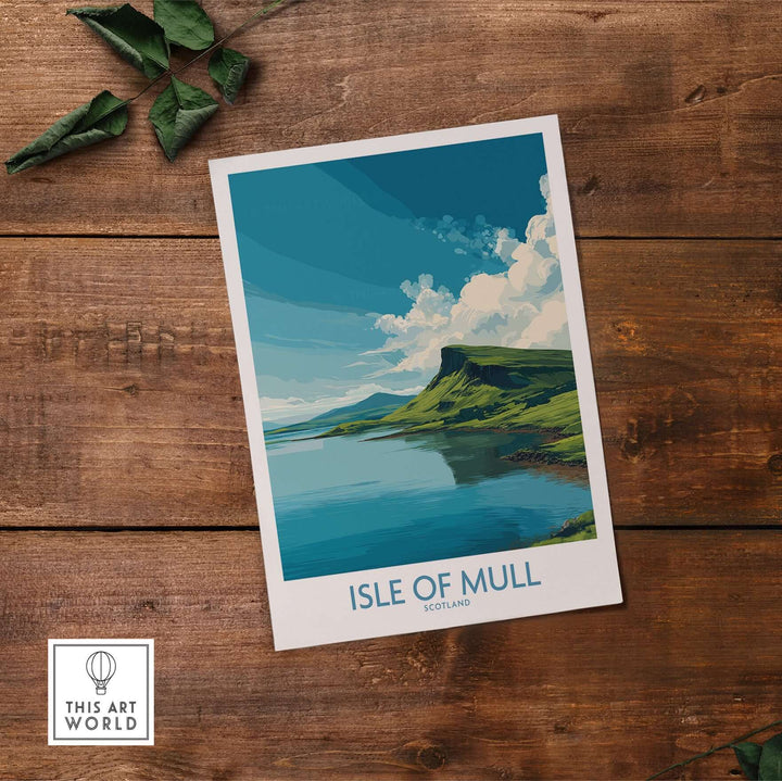 Isle of Mull Scotland wall art print featuring a serene coastal landscape and vibrant blue skies.