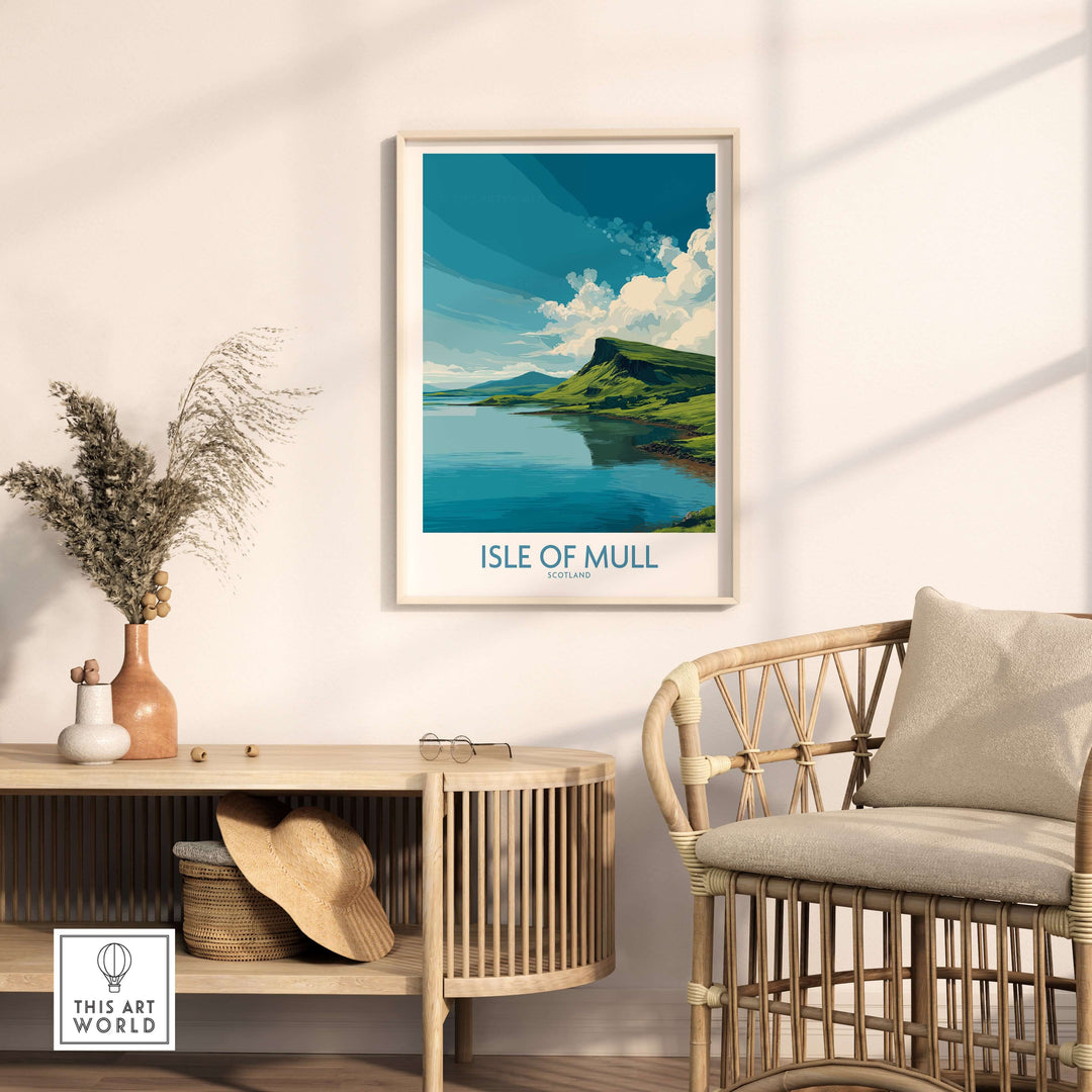Framed Isle of Mull wall art depicting a tranquil coastal scene, perfect for home decor.