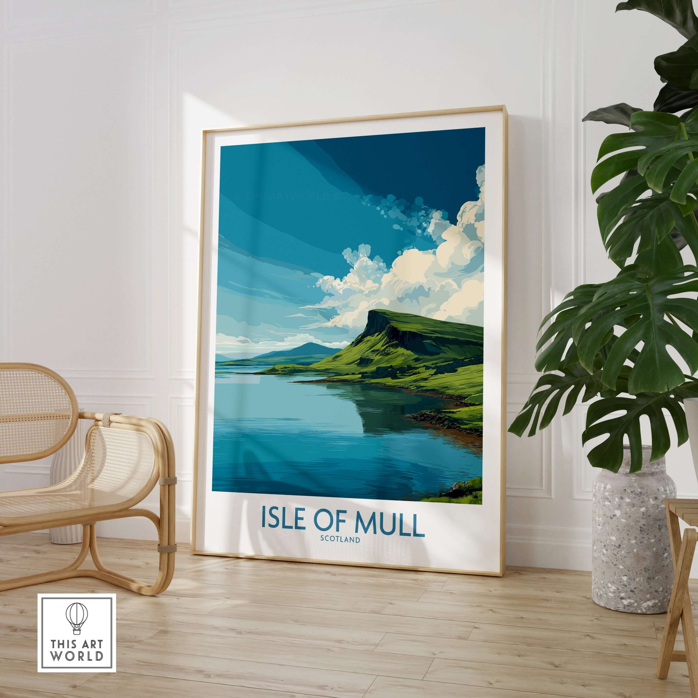 Isle of Mull Scotland Tranquil Bay Wall Art - Scottish Isle Travel Print displayed in a stylish interior setting.