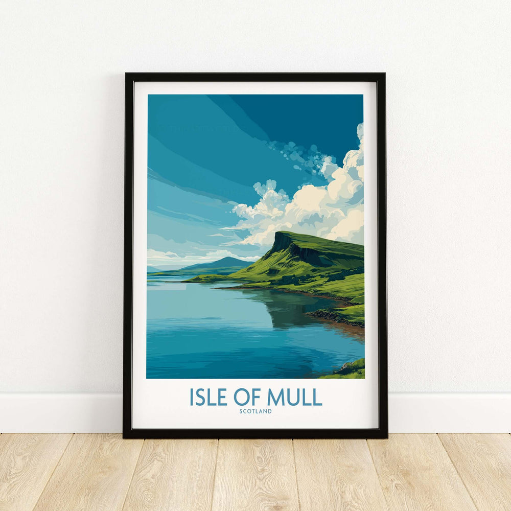 Isle of Mull wall art featuring a serene coastal landscape and blue skies, perfect for home decor.
