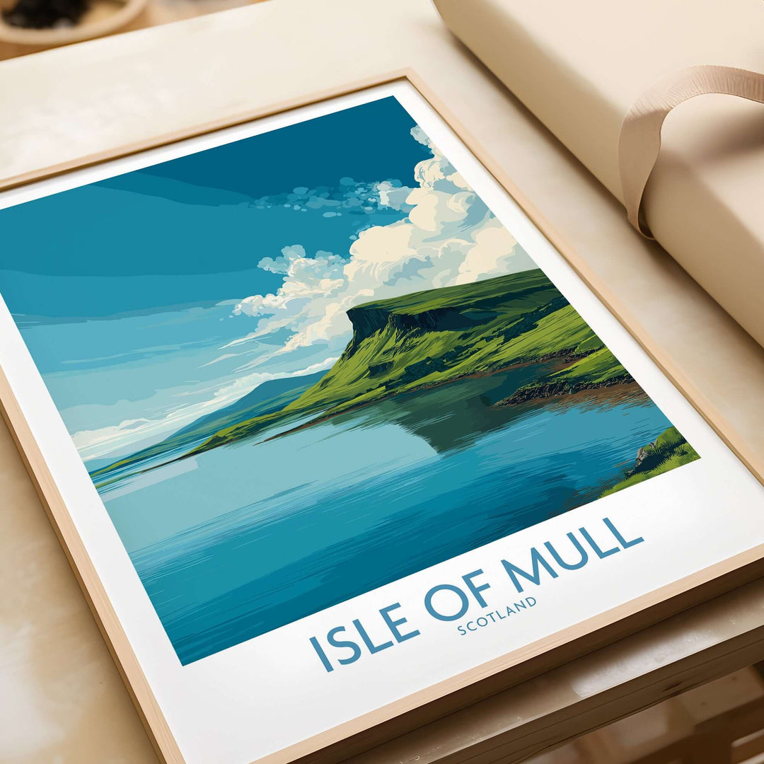 Isle of Mull Scotland wall art featuring a serene coastal landscape and clear blue skies.
