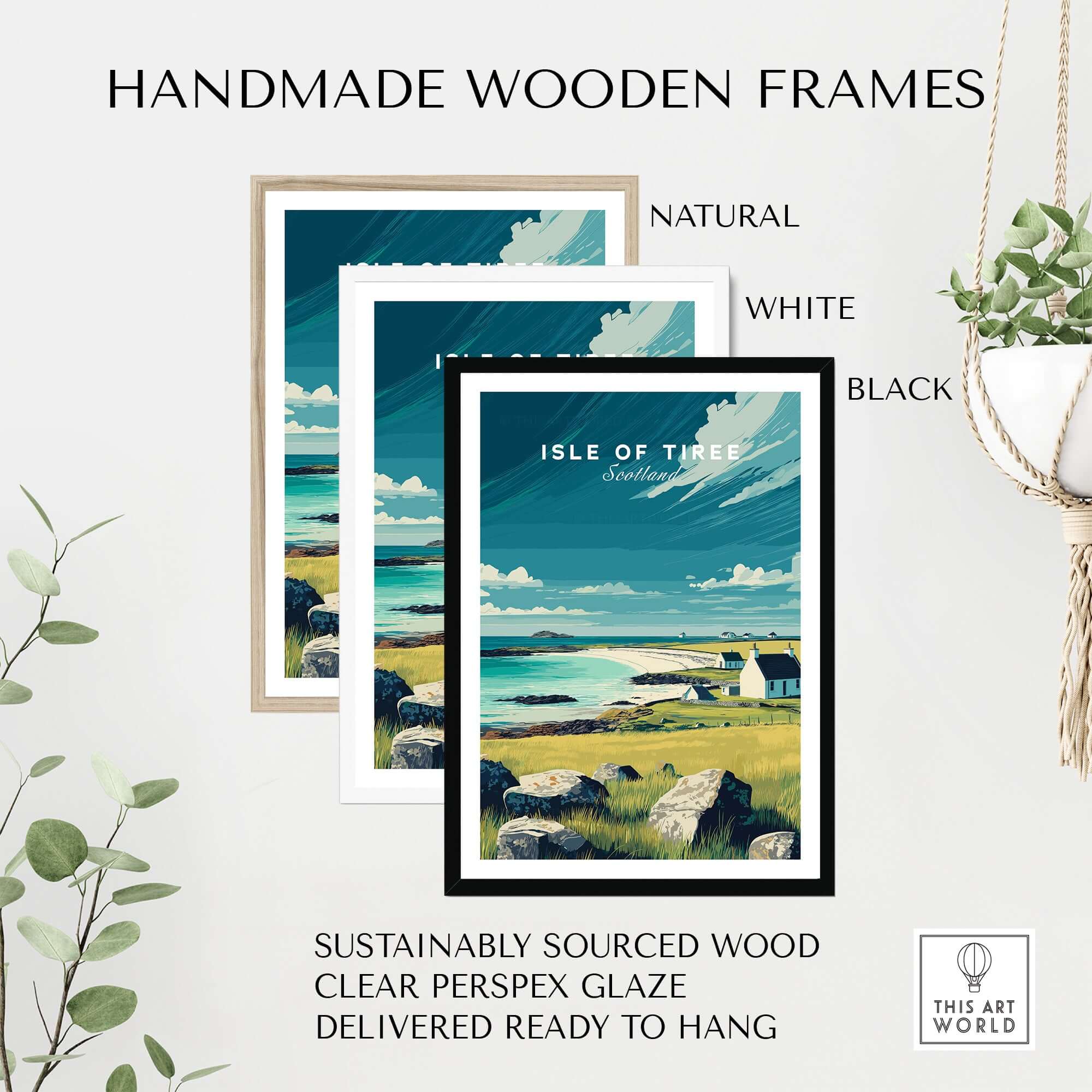 Isle of Tiree Hebridean Sea View Print | Scottish Island Wall Art displayed in handmade wooden frames.