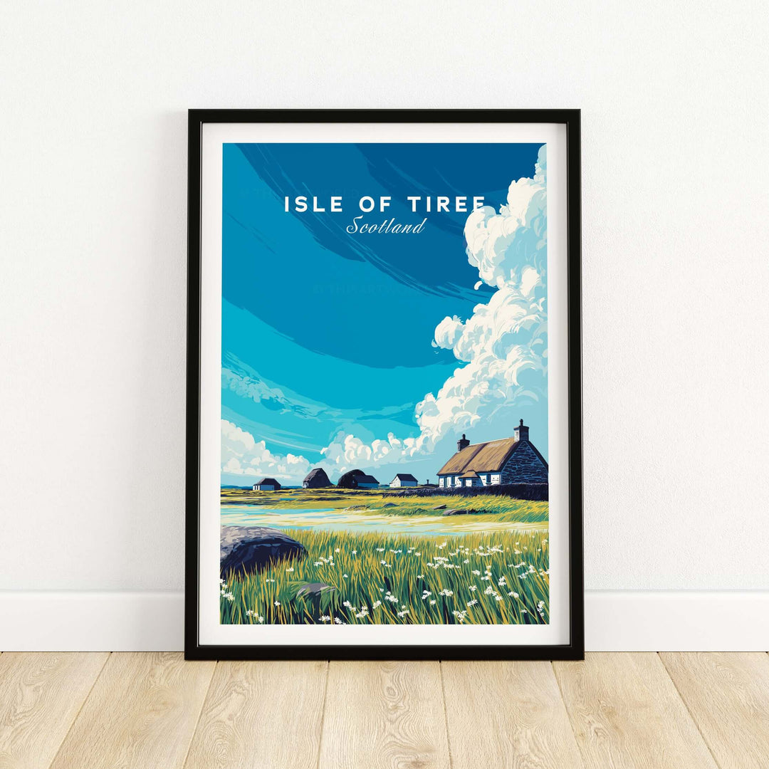 Isle of Tiree Hebridean Cottage View Print | Scottish Coastal Home Decor framed against a bright blue sky and lush greenery.