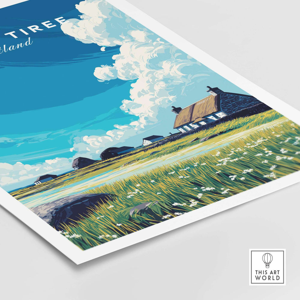 Isle of Tiree Hebridean Cottage View Print | Scottish Coastal Home Decor showcasing a colorful landscape with cottages and blue skies.