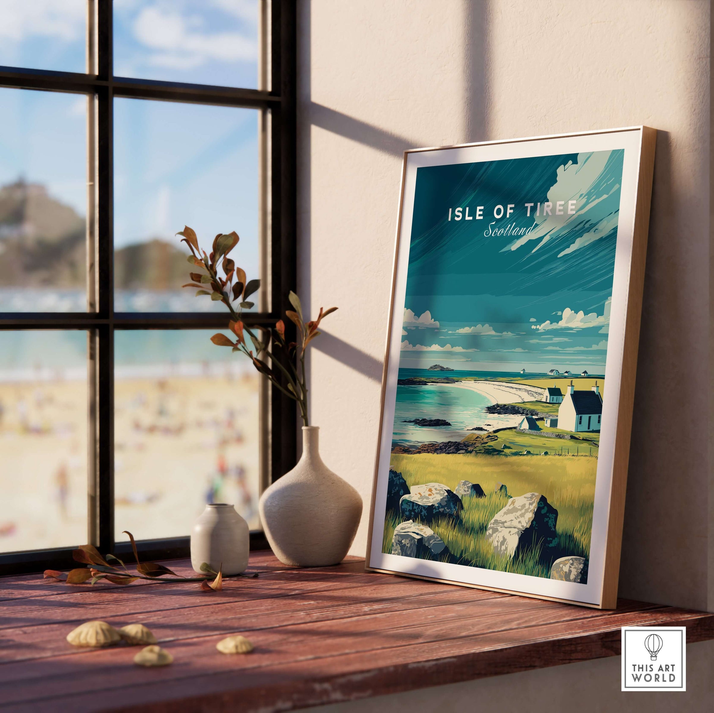 Isle of Tiree Hebridean Sea View Print | Scottish Island Wall Art displayed on a windowsill with coastal scenery.