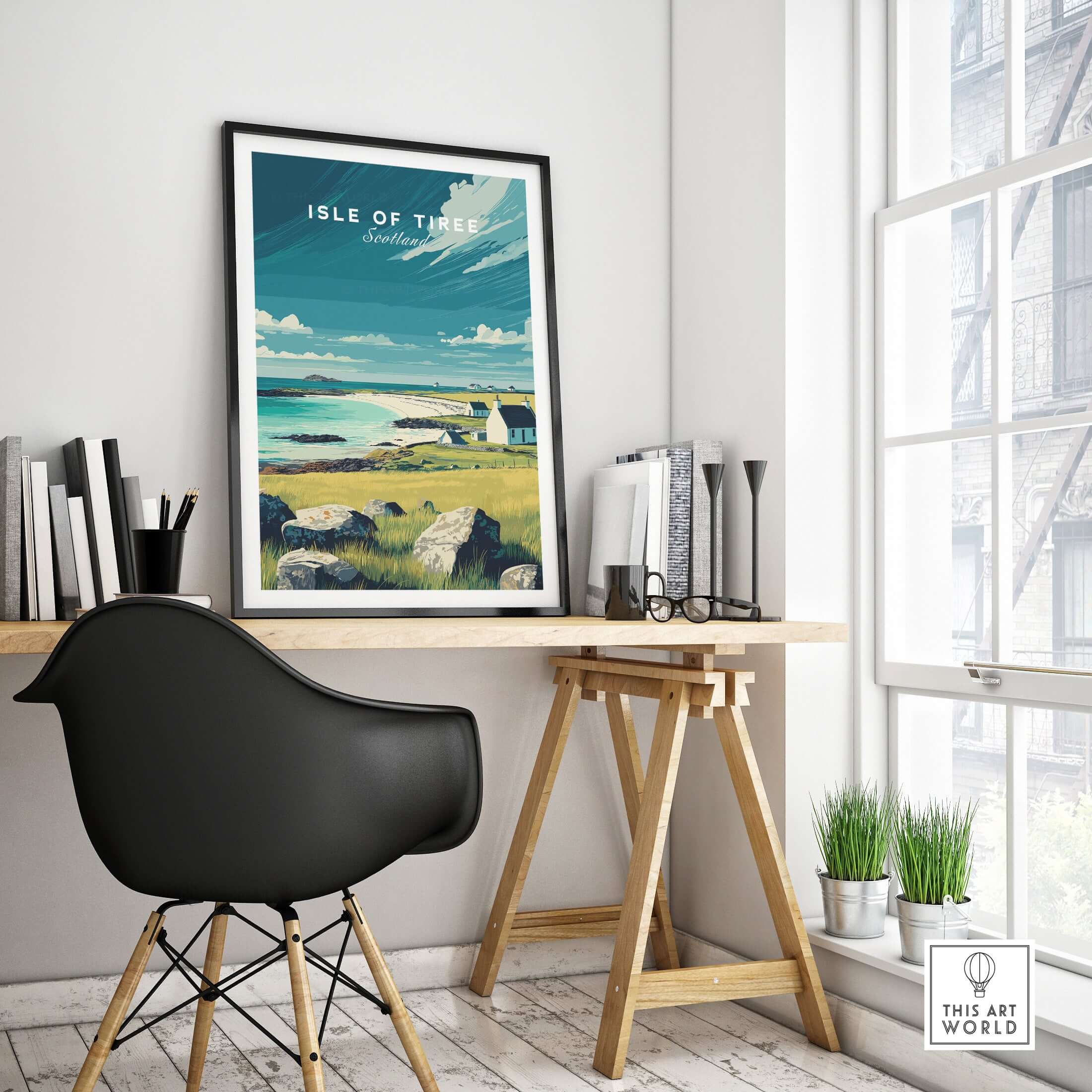 Isle of Tiree Hebridean Sea View Print | Scottish Island Wall Art displayed in a modern workspace.