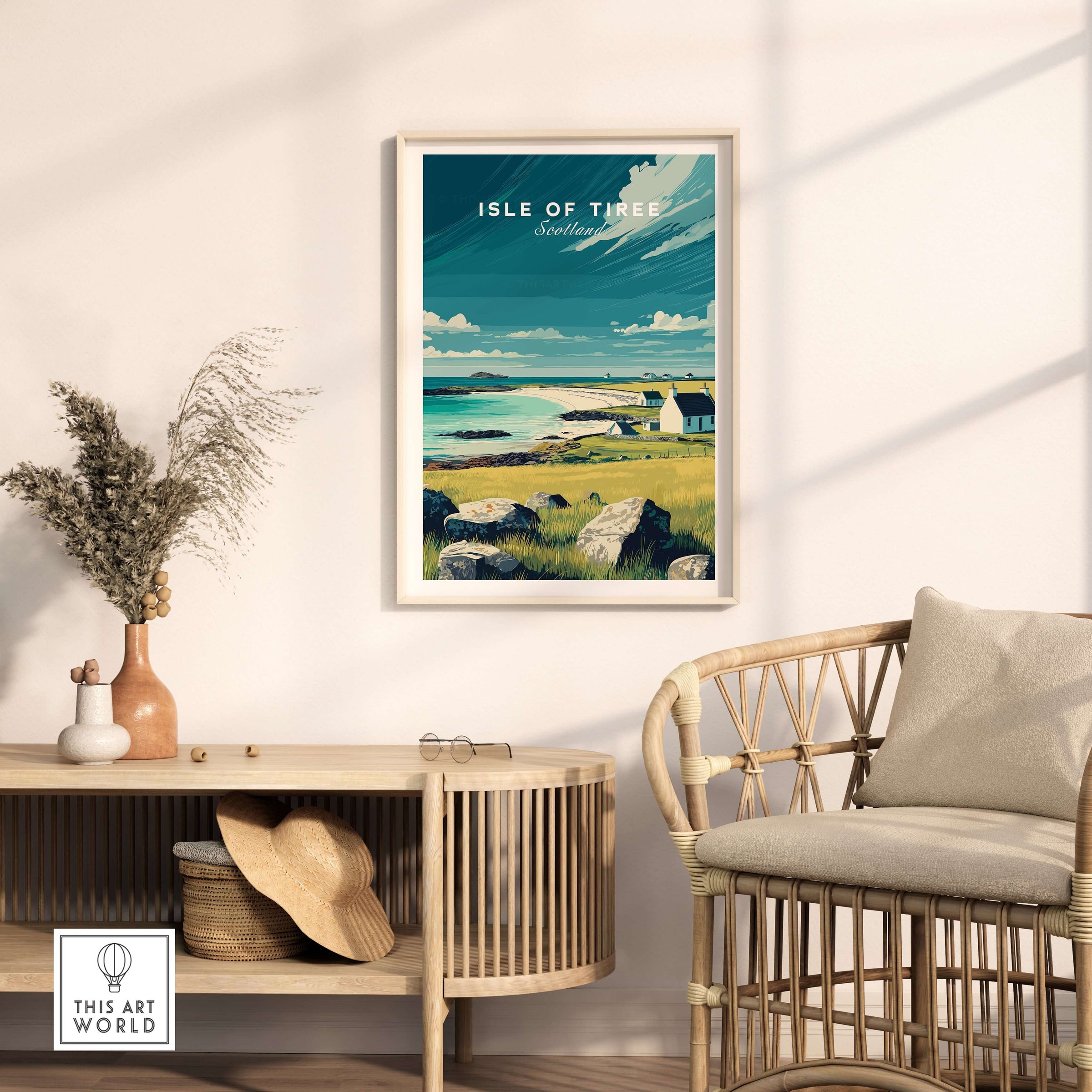 Isle of Tiree Hebridean Sea View Print | Scottish Island Wall Art framed in a cozy living room.