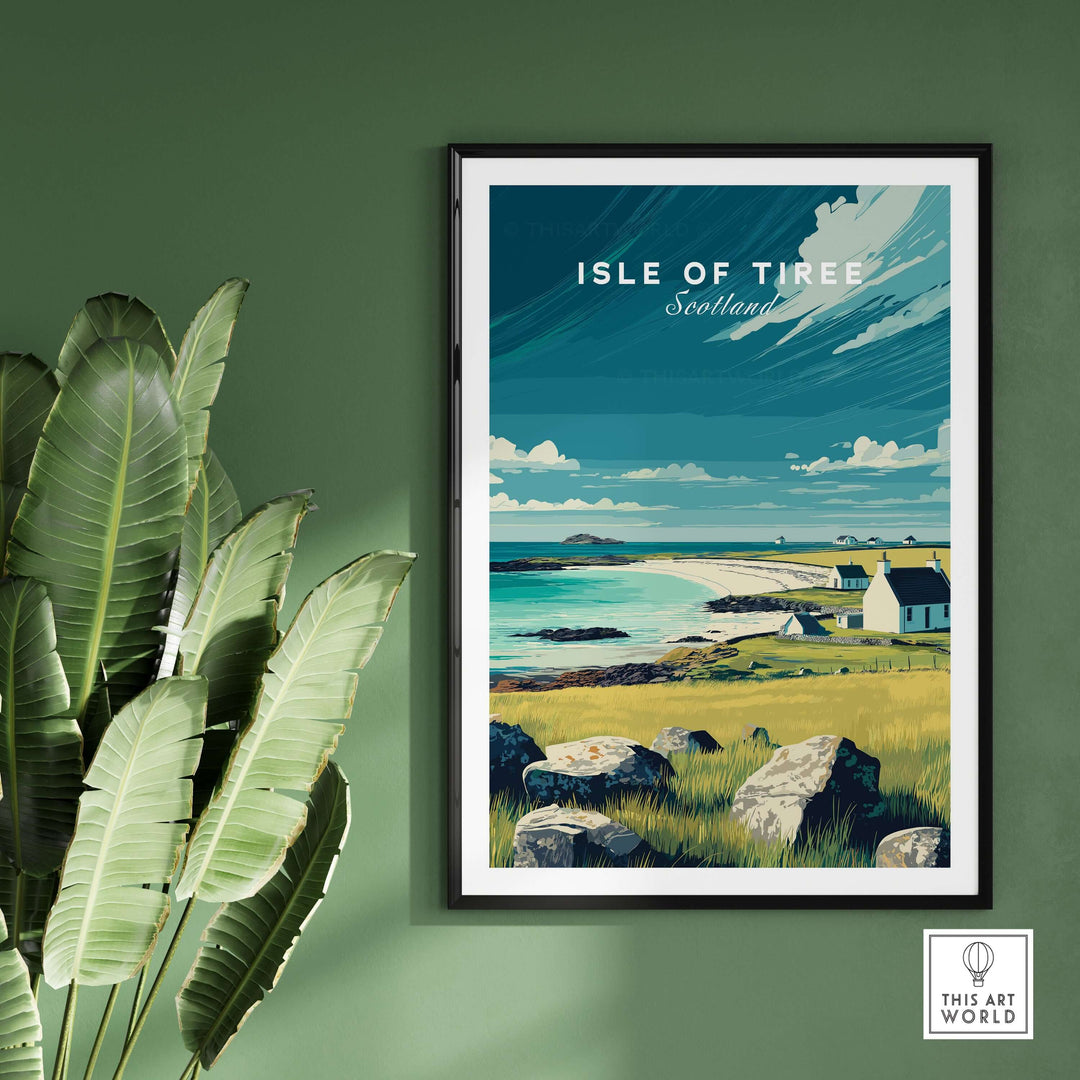 Isle of Tiree Hebridean Sea View Print | Scottish Island Wall Art displayed in a stylish frame with a green background.