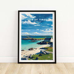 Isle of Tiree Print | Hebridean Island Wall Decor featuring a coastal landscape with a house and blue skies.
