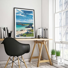 Isle of Tiree Print | Hebridean Island Wall Decor displayed in a stylish living room with a contemporary desk and chair.