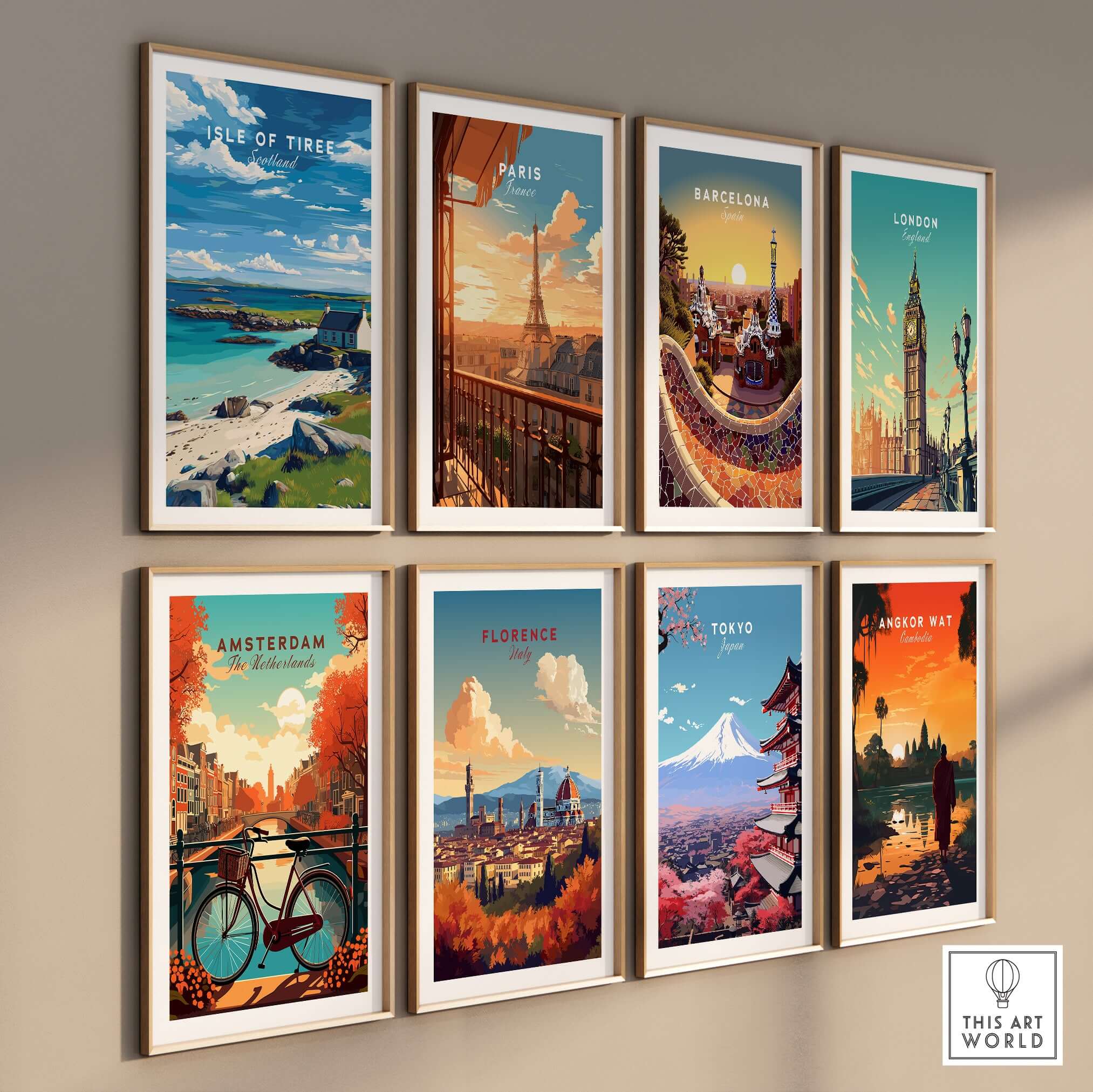 Isle of Tiree Print | Hebridean Island Wall Decor among framed travel posters highlighting global destinations.