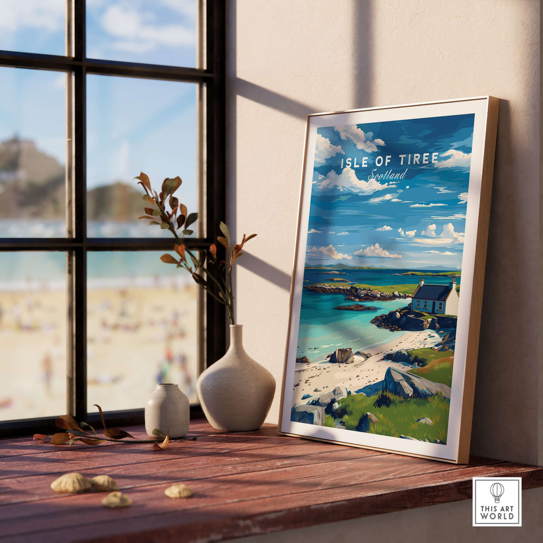 Isle of Tiree Print | Hebridean Island Wall Decor displayed in a sunlit room with beach view.