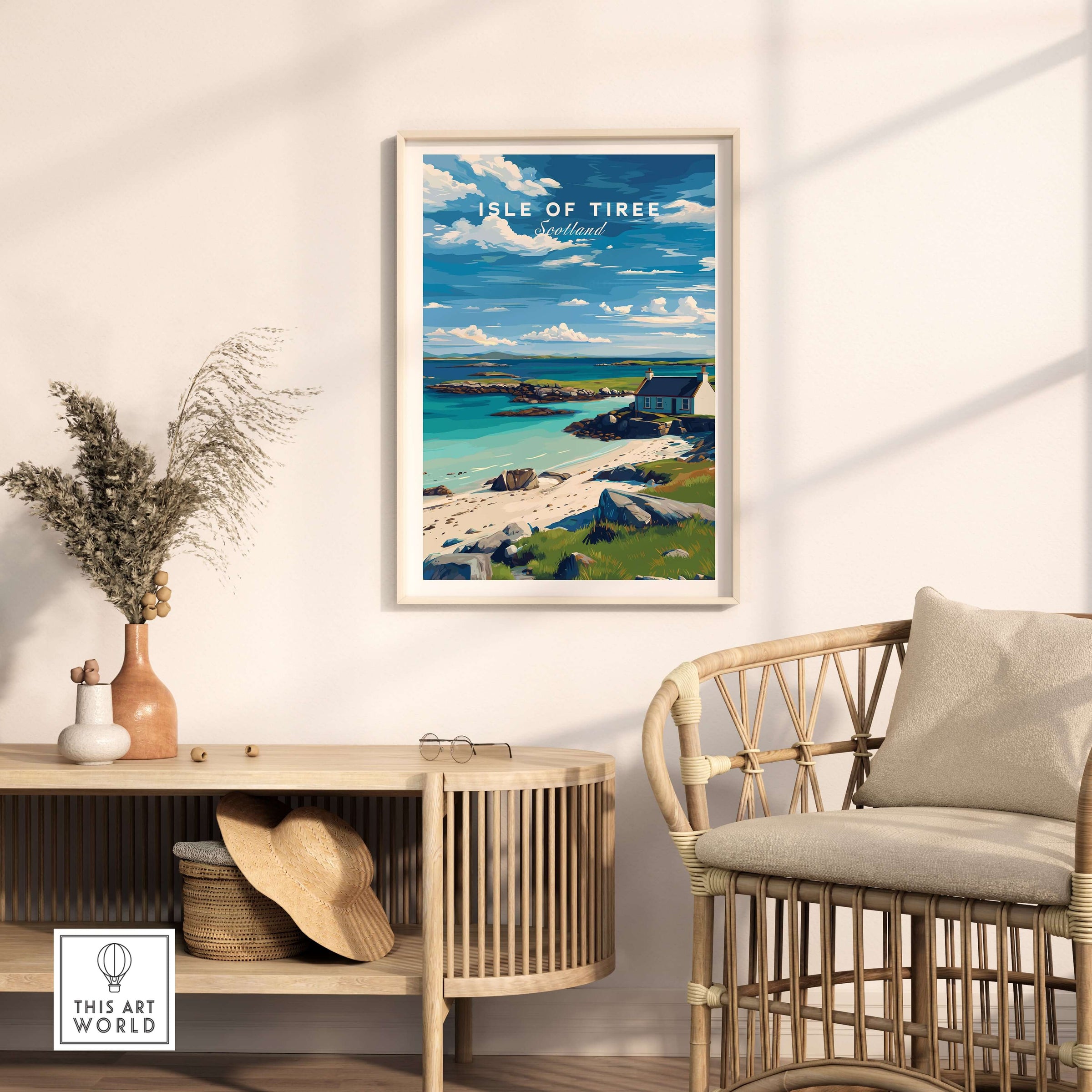 Isle of Tiree Print | Hebridean Island Wall Decor displayed in a stylish living room setting.