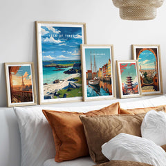 Isle of Tiree Print | Hebridean Island Wall Decor displayed with other travel-themed wall art.