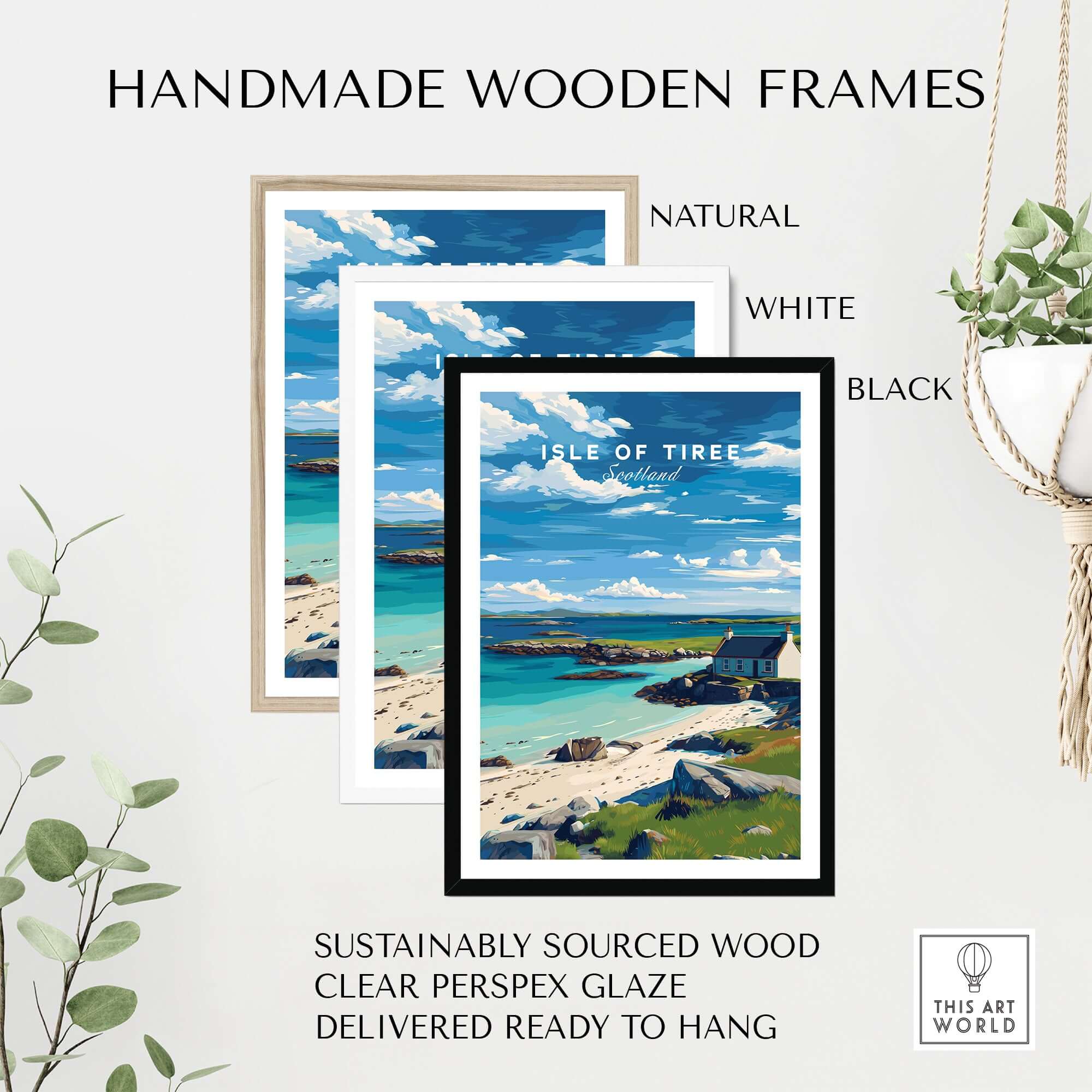 Isle of Tiree Print | Hebridean Island Wall Decor in handmade wooden frames, featuring natural, white, and black options.