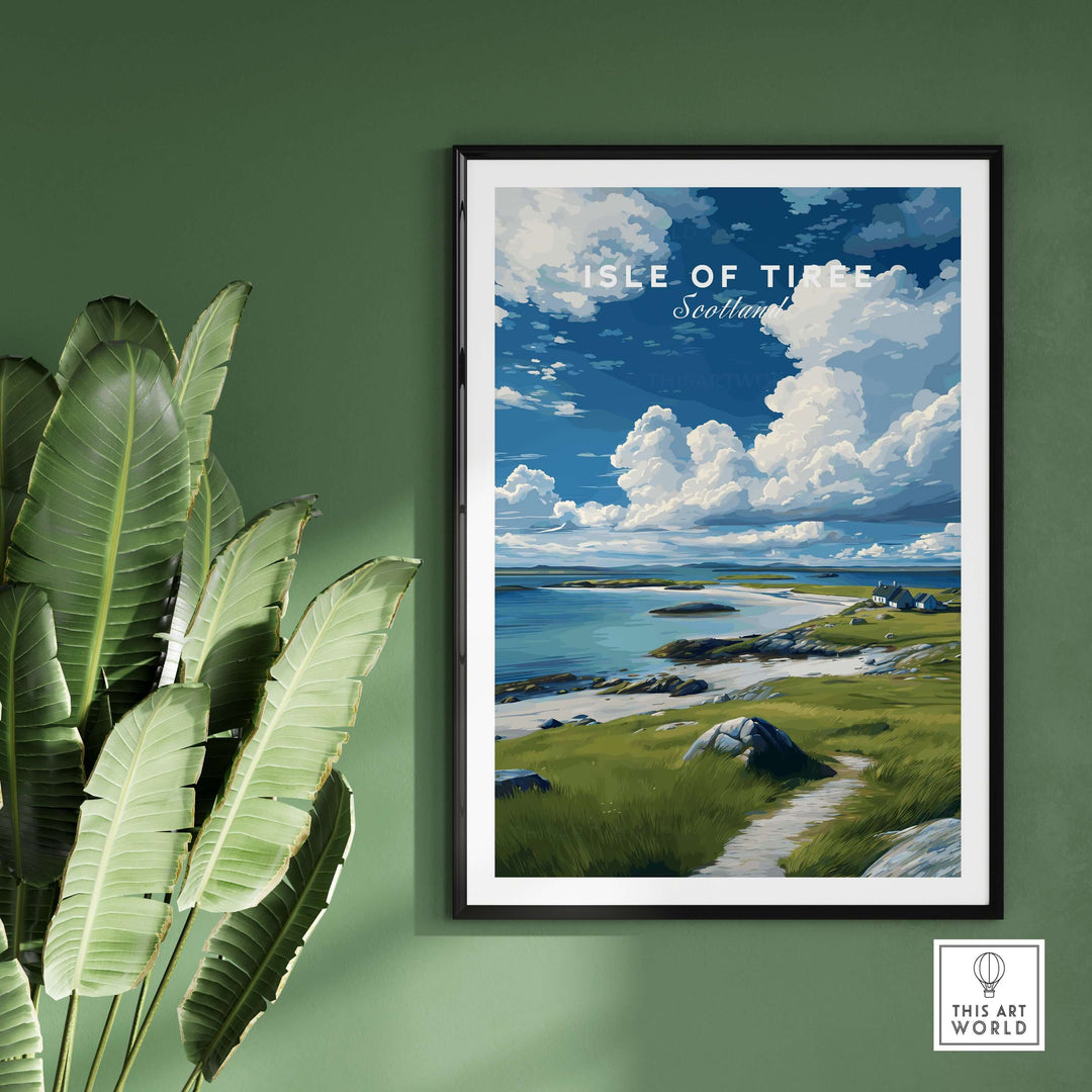 Isle of Tiree Print | Scottish Island Wall Decor featuring serene coastal landscapes and vibrant sky.