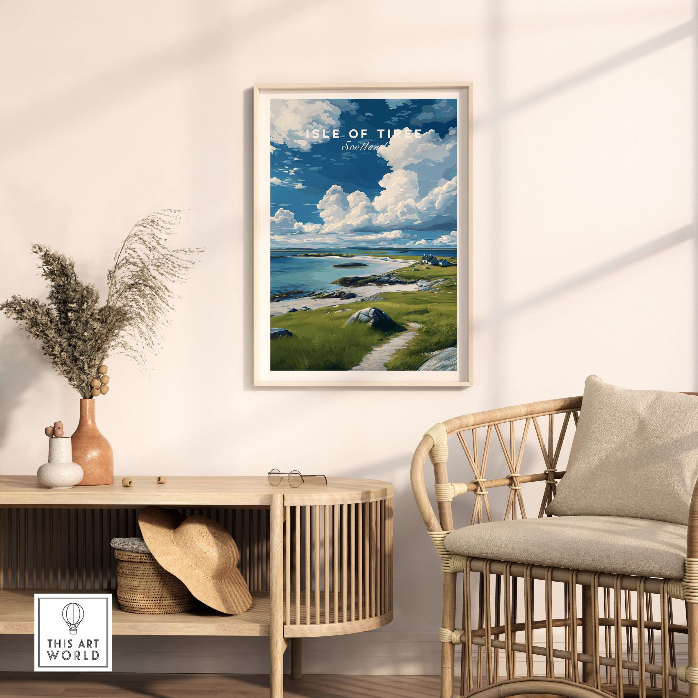 Isle of Tiree Print | Scottish Island Wall Decor showcasing serene coastal views and landscapes in a stylish interior setting.