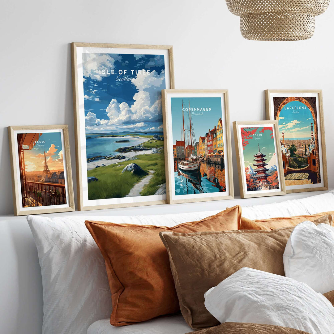 Isle of Tiree Print | Scottish Island Wall Decor displayed among other framed travel prints in a cozy living room setting.