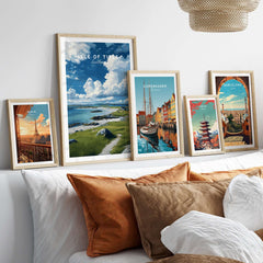 Isle of Tiree Print | Scottish Island Wall Decor featured alongside other vibrant travel prints in a stylish interior setting.