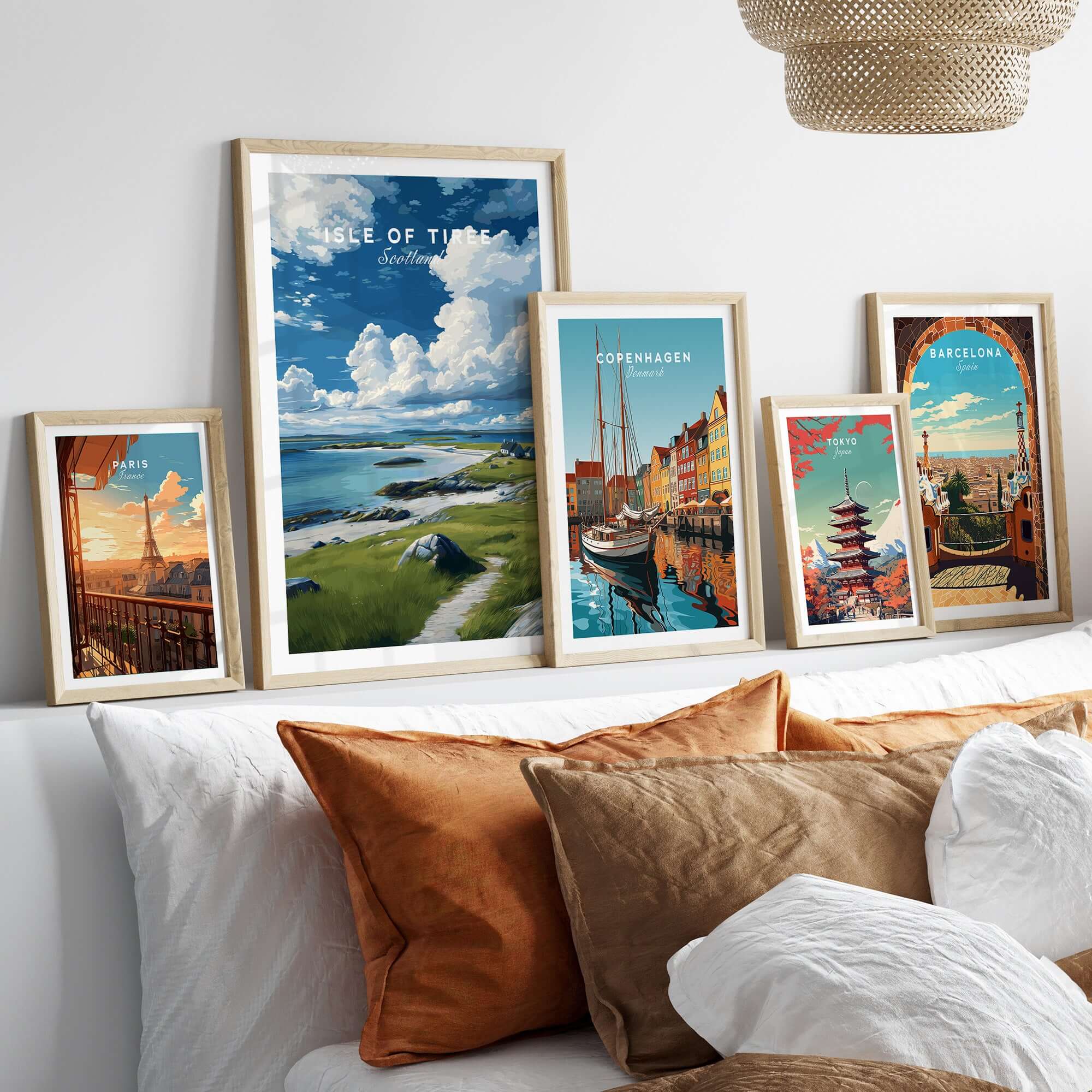 Isle of Tiree Print | Scottish Island Wall Decor featured alongside other vibrant travel prints in a stylish interior setting.