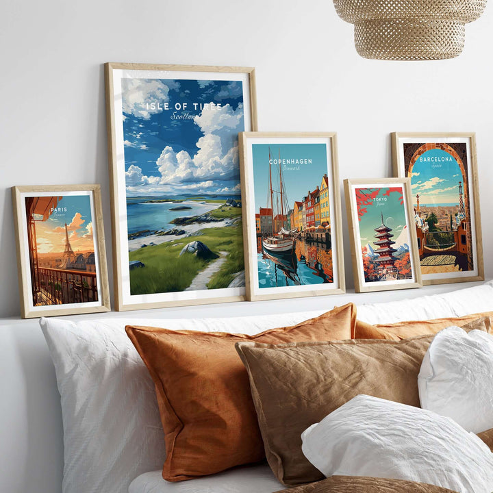 Isle of Tiree Print | Scottish Island Wall Decor displayed among other framed travel prints in a cozy living room setting.
