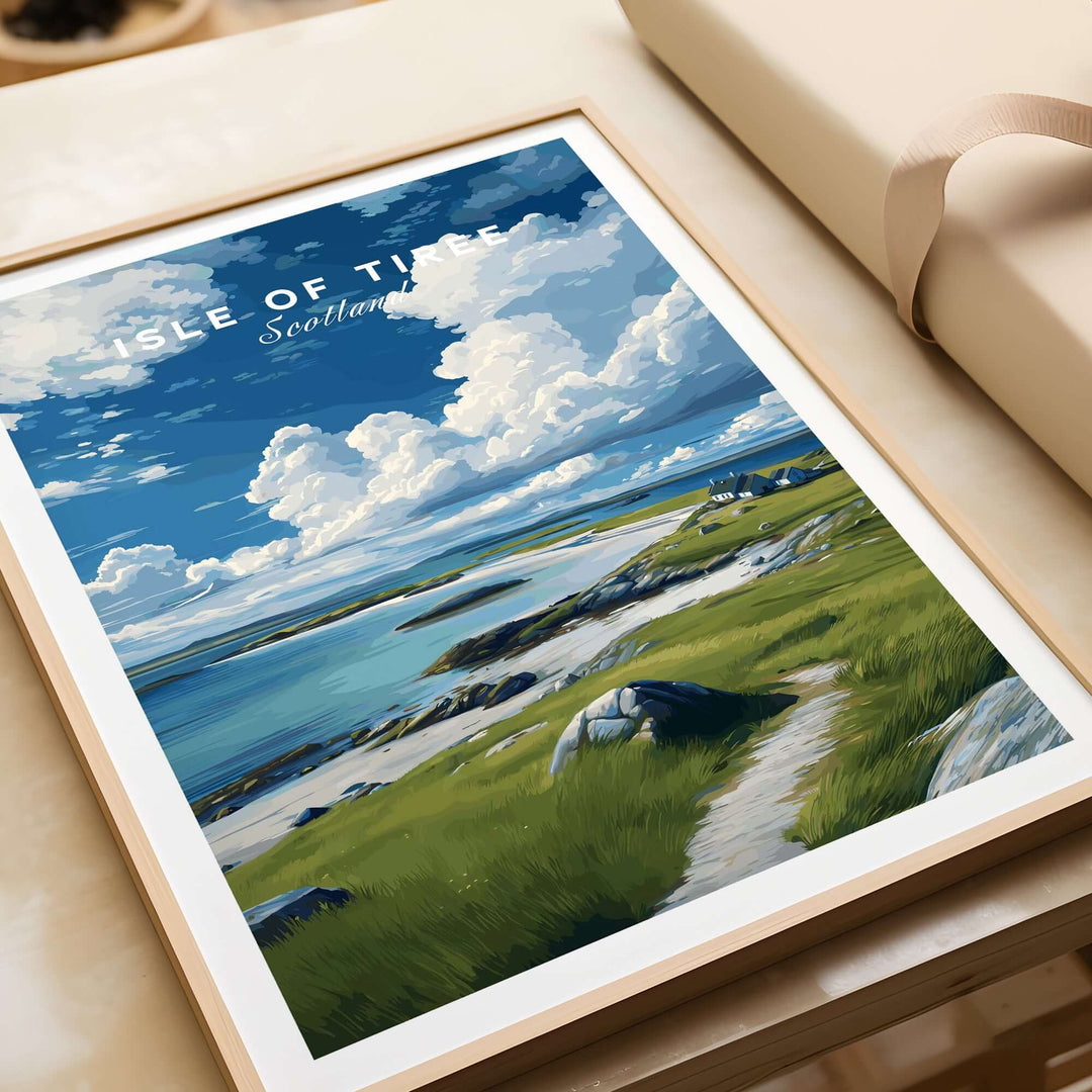 Isle of Tiree Print | Scottish Island Wall Decor featuring serene coastal landscape and blue skies.