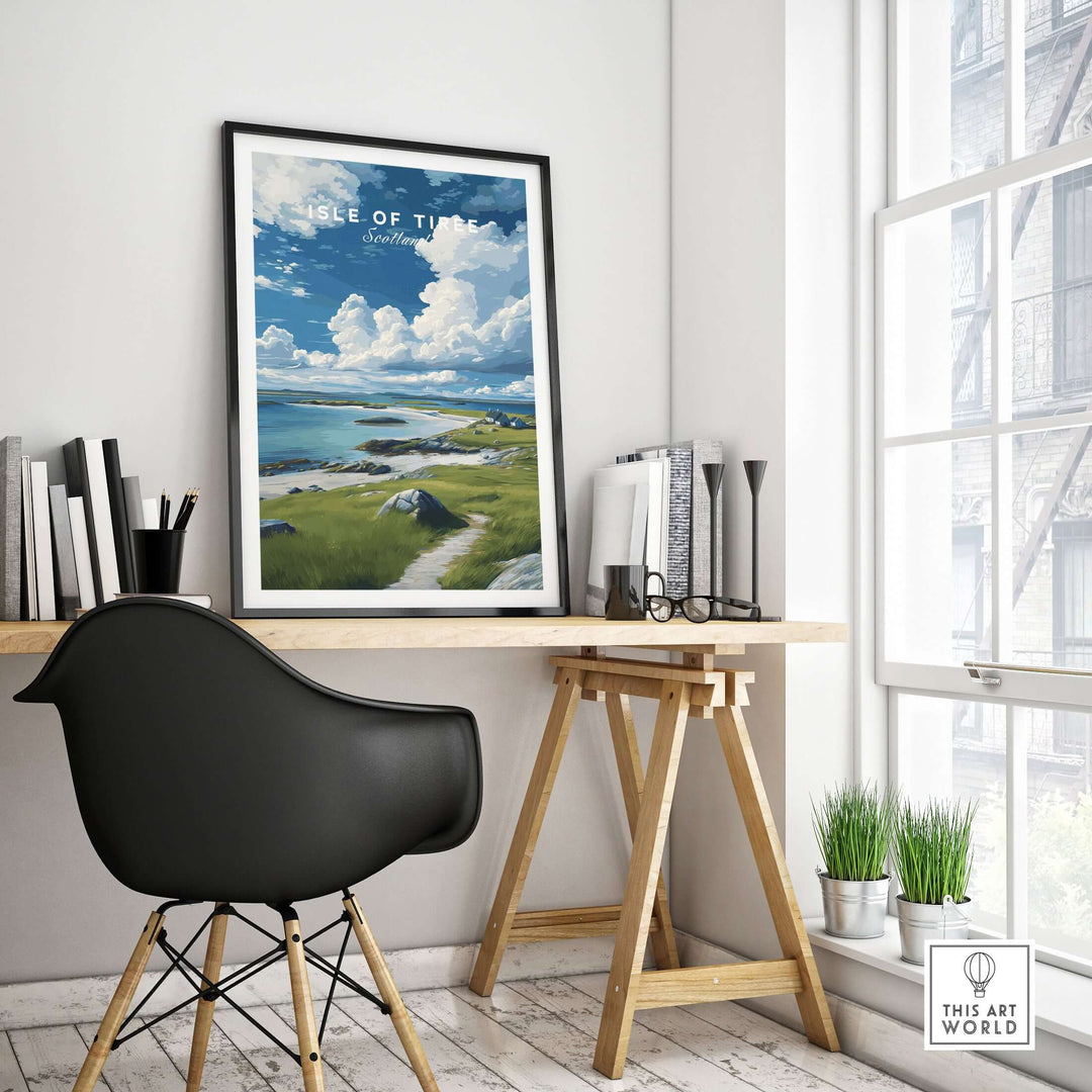 Isle of Tiree Print | Scottish Island Wall Decor framed in a modern room with a desk and natural light.