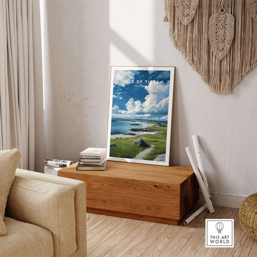 Isle of Tiree Print | Scottish Island Wall Decor displayed in a cozy room with wooden accents and a serene landscape of Tiree.