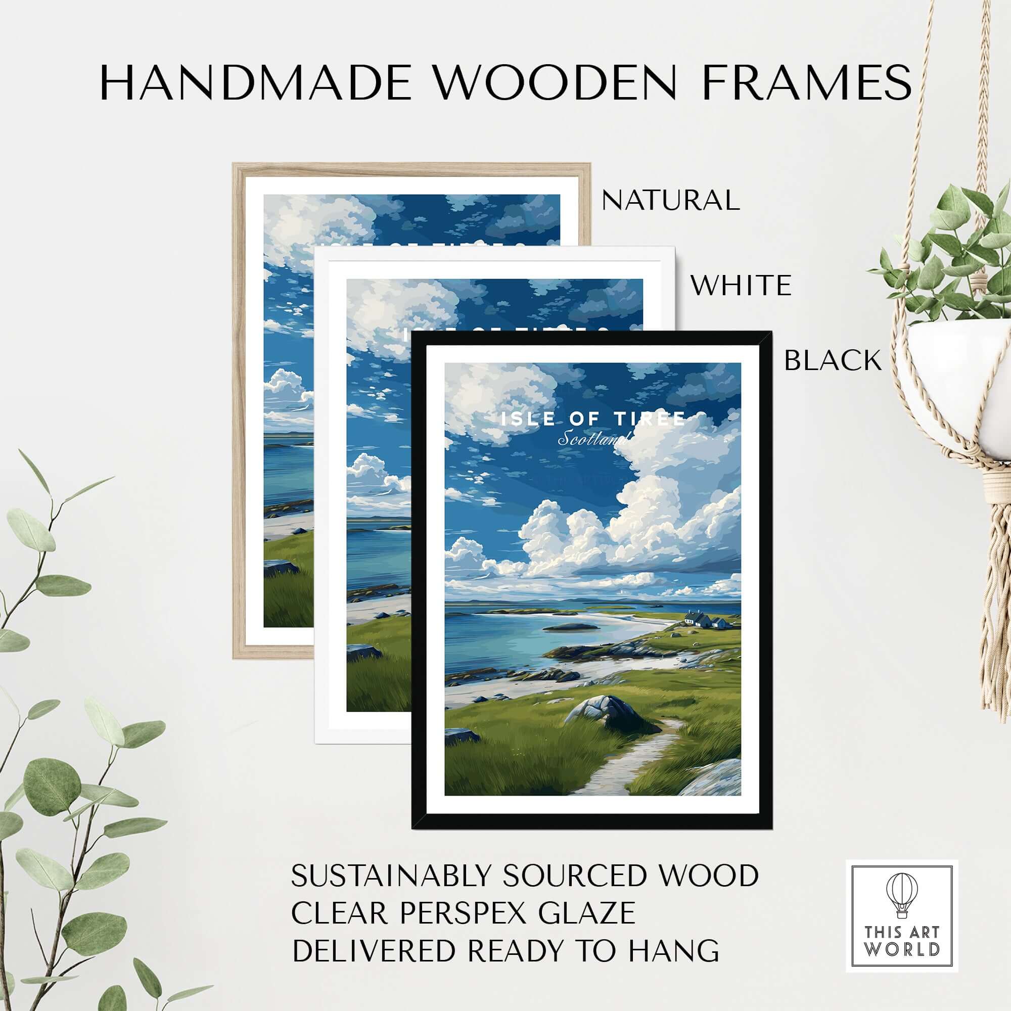 Isle of Tiree Print | Scottish Island Wall Decor framed in natural, white, and black handmade wooden frames.