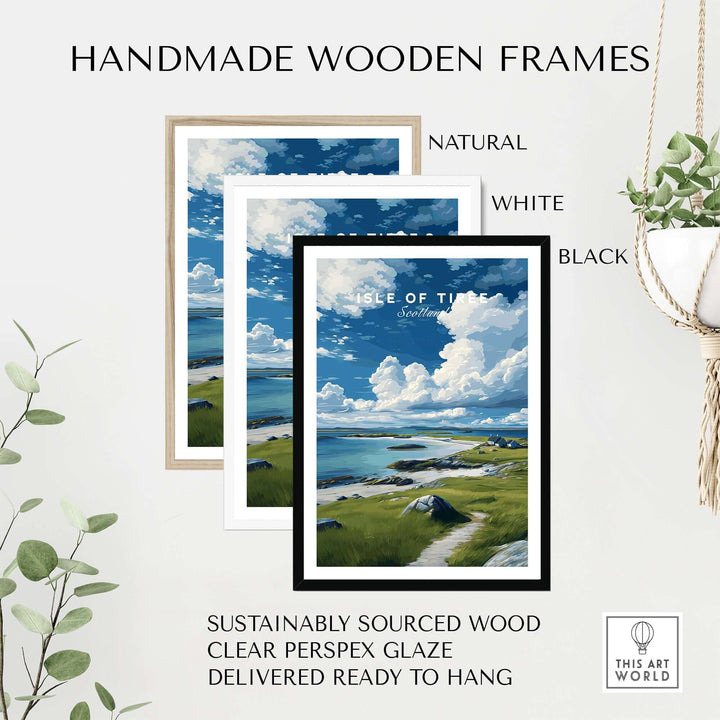 Isle of Tiree Print | Scottish Island Wall Decor framed in natural, white, and black handmade wooden frames.
