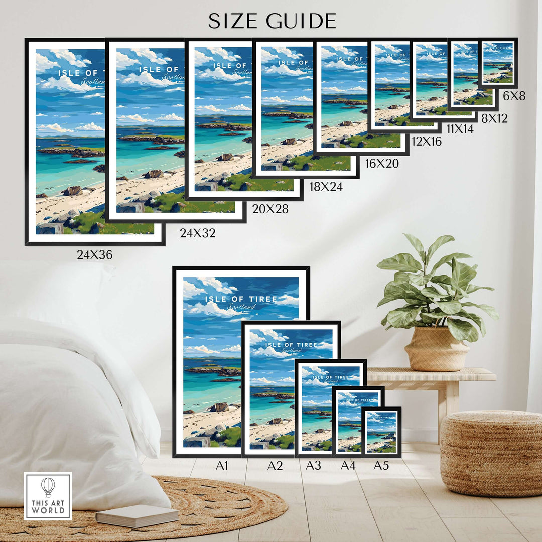 Isle of Tiree Print | Hebridean Island Wall Decor Size Guide showcasing various frame sizes on wall.