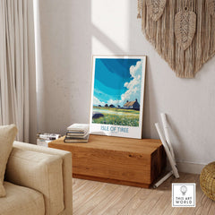 Isle of Tiree Scotland Art Print displayed in a cozy living room, showcasing the island's natural beauty and serene landscapes.