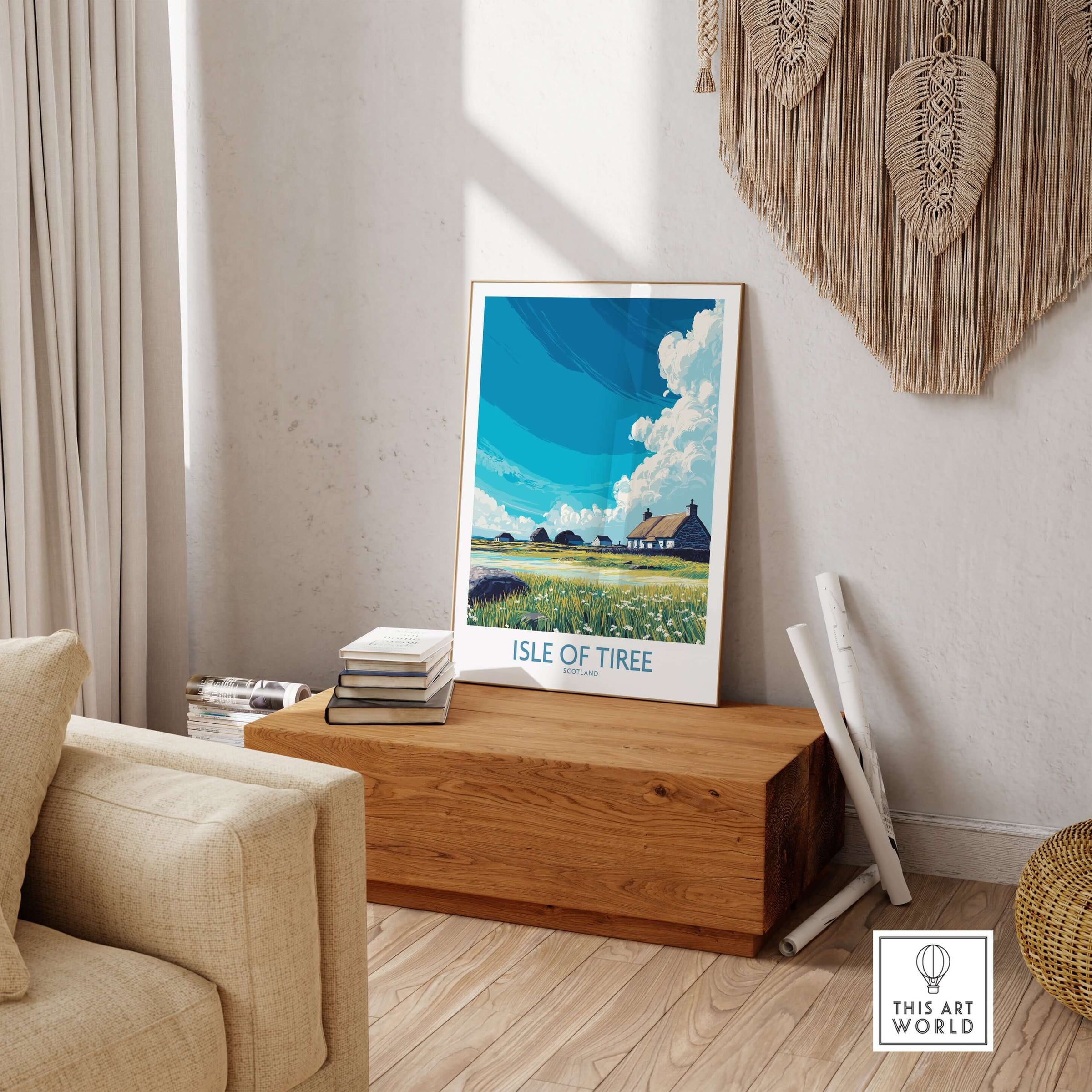 Isle of Tiree Scotland Art Print displayed in a cozy living room, showcasing the island's natural beauty and serene landscapes.
