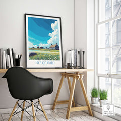 Isle of Tiree Scotland Art Print displayed in a modern workspace with stylish decor and natural light.