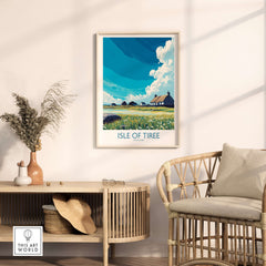 Isle of Tiree Scotland Art Print displayed in a cozy interior setting with a rattan chair and decorative elements.