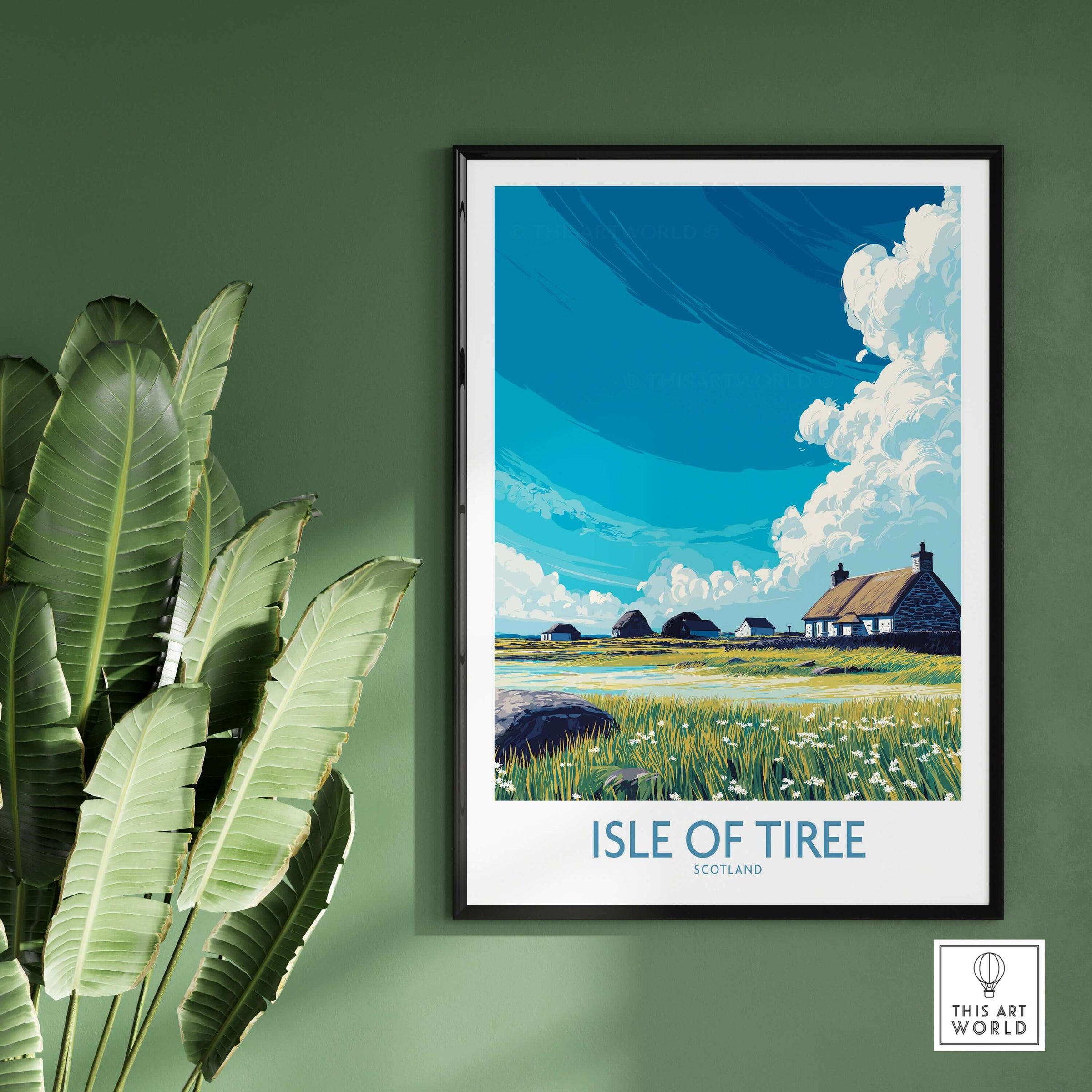Isle of Tiree Scotland Art Print featuring a vibrant landscape with cottages and a blue sky.