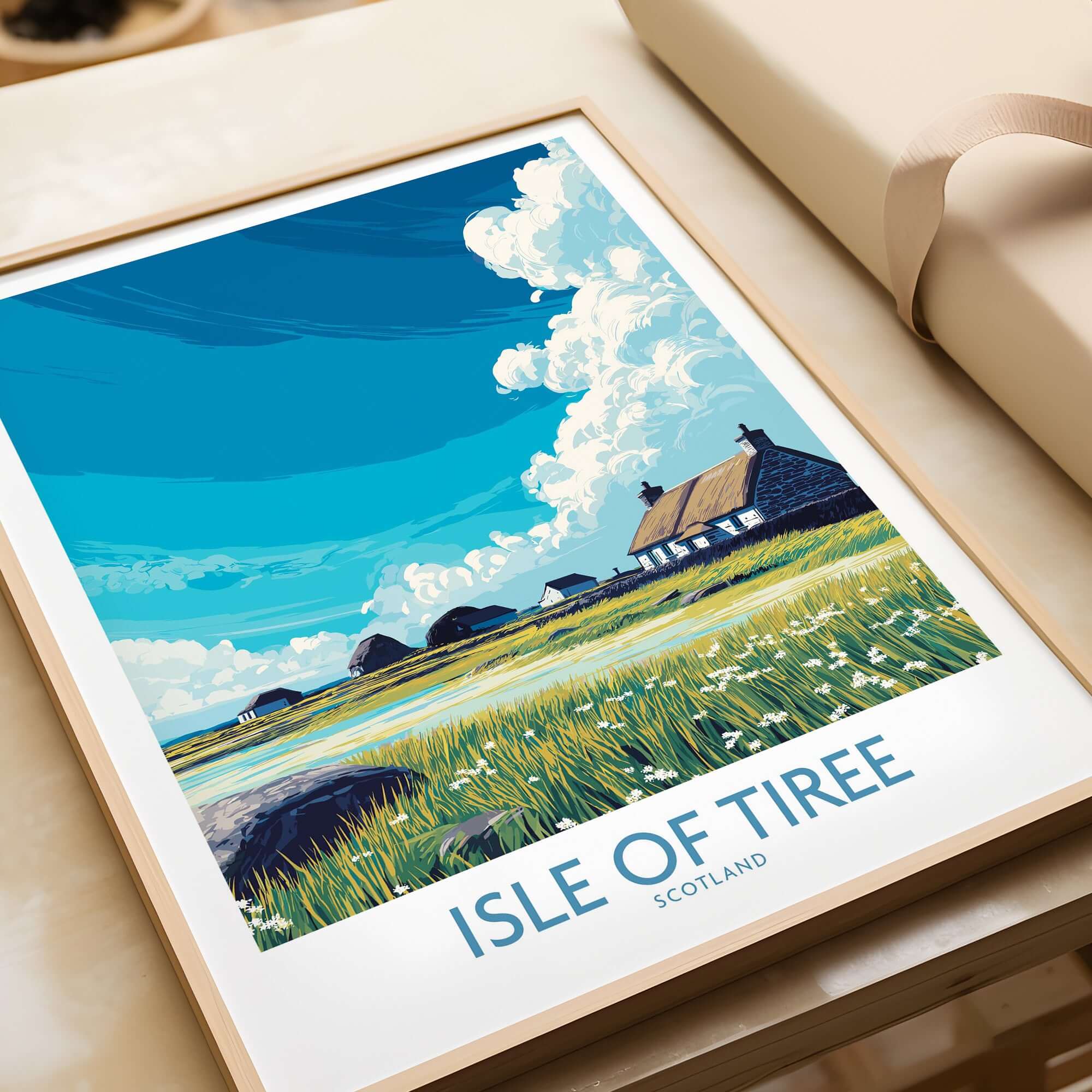 Isle of Tiree Scotland Art Print featuring a vibrant landscape and traditional Scottish cottages.
