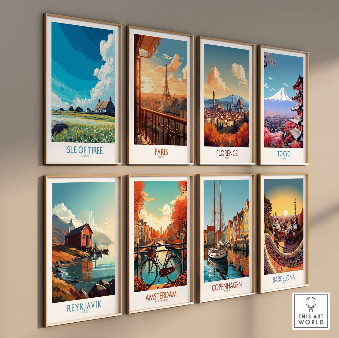 Isle of Tiree Scotland Art Print and various global city art prints displayed on a wall.