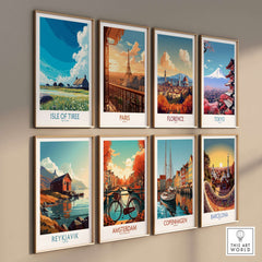 Isle of Tiree Scotland Art Print displayed among other city art prints on a wall.