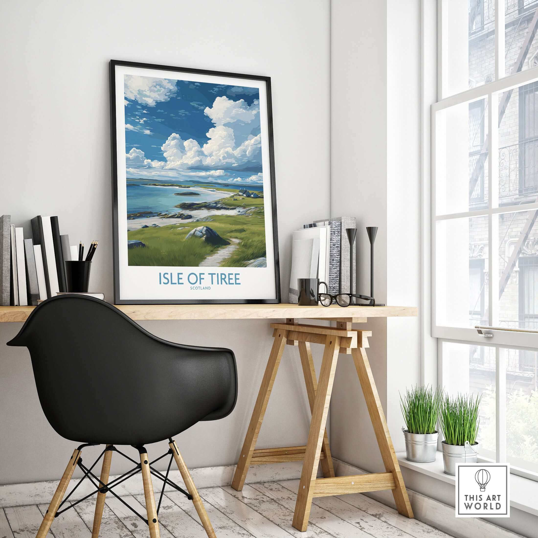 Isle of Tiree Scotland Art Print | Hebridean Landscape Poster displayed in a stylish home office setting.