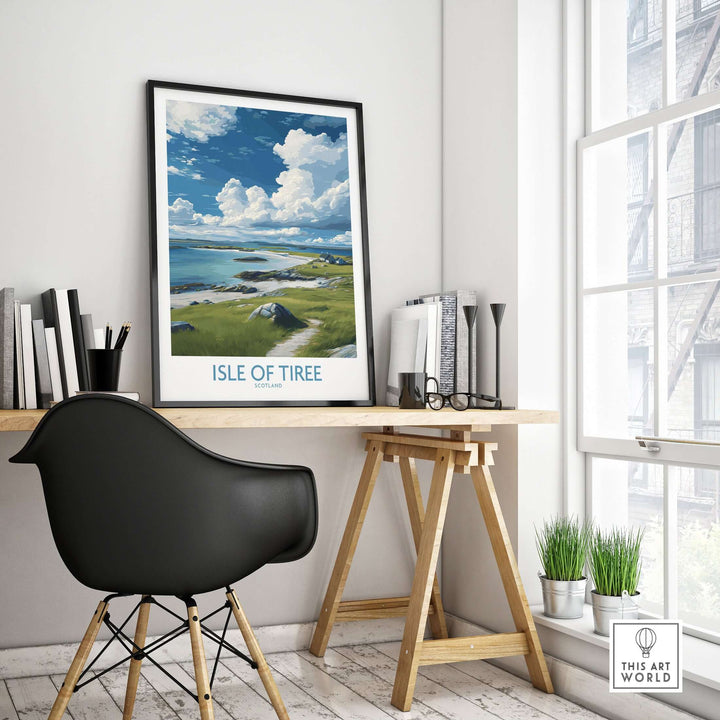 Isle of Tiree Scotland Art Print | Hebridean Landscape Poster framed on a desk in a bright room with modern furniture.
