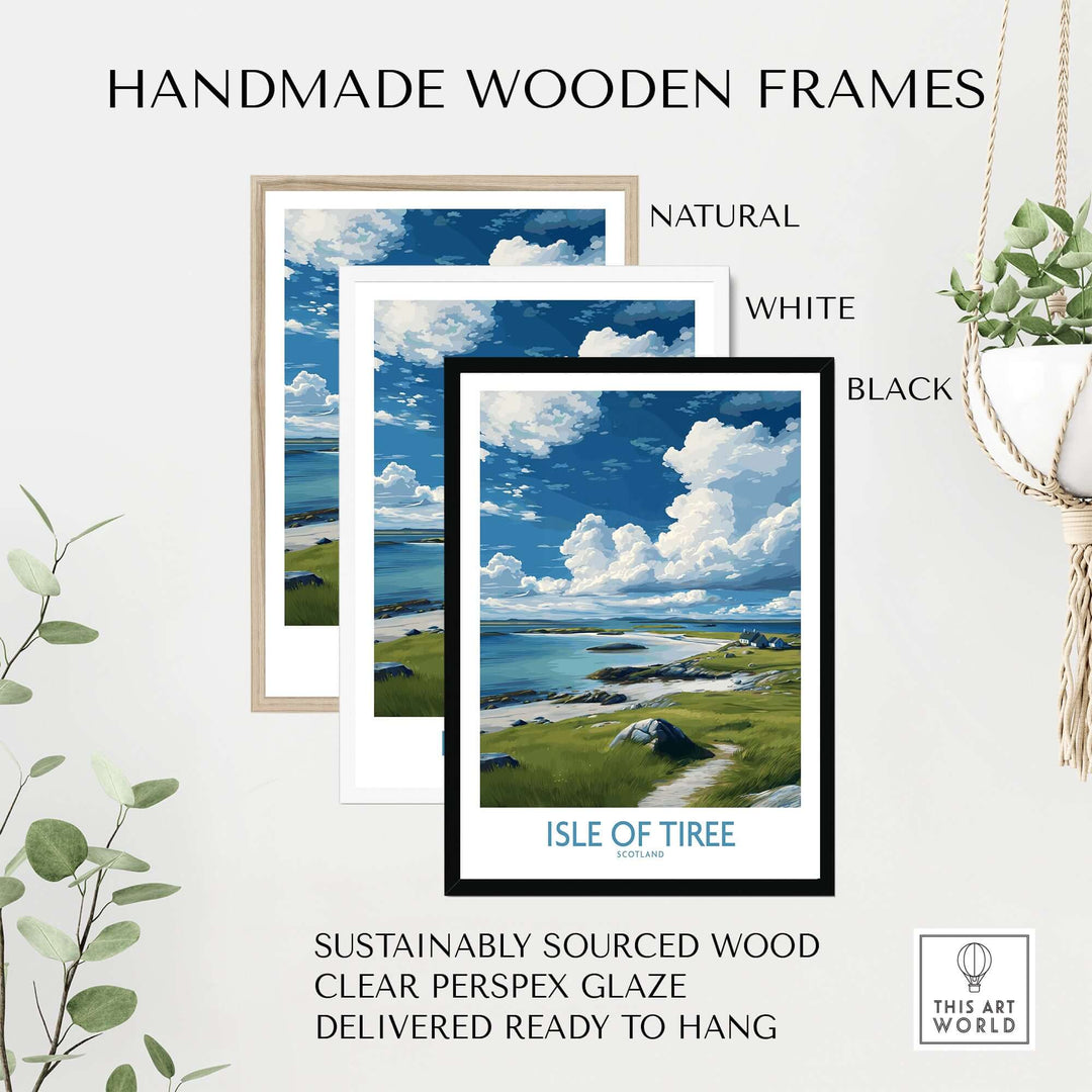 Isle of Tiree Scotland Art Print | Hebridean Landscape Poster displayed in natural, white, and black handmade wooden frames.