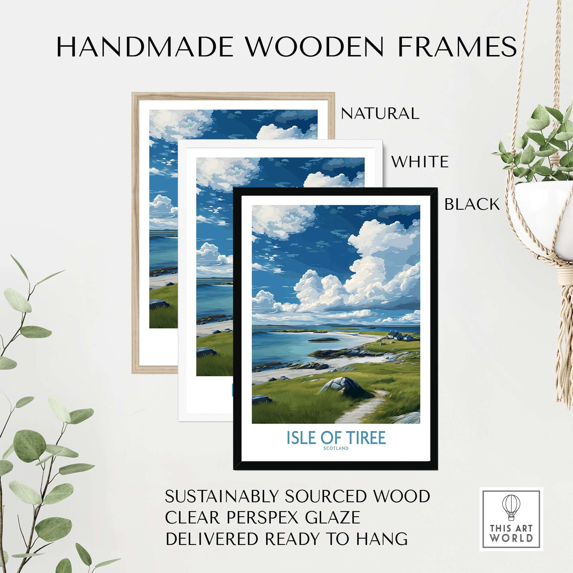 Isle of Tiree Scotland Art Print | Hebridean Landscape Poster framed in handmade wooden frames in natural, white, and black.