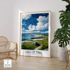 Isle of Tiree Scotland Art Print | Hebridean Landscape Poster displayed in a bright, modern room with plants.