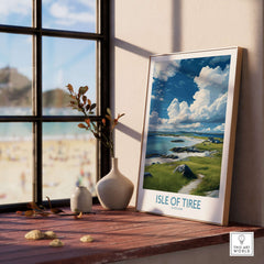 Isle of Tiree Scotland Art Print | Hebridean Landscape Poster displayed on a wooden table with coastal view.