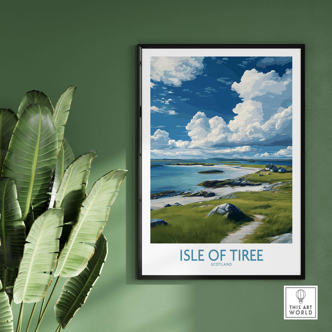 Isle of Tiree Scotland Art Print | Hebridean Landscape Poster framed on a green wall with foliage.