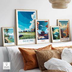 Showcasing the Isle of Tiree Scotland Art Print among other travel destination art prints in a stylish living room setting.